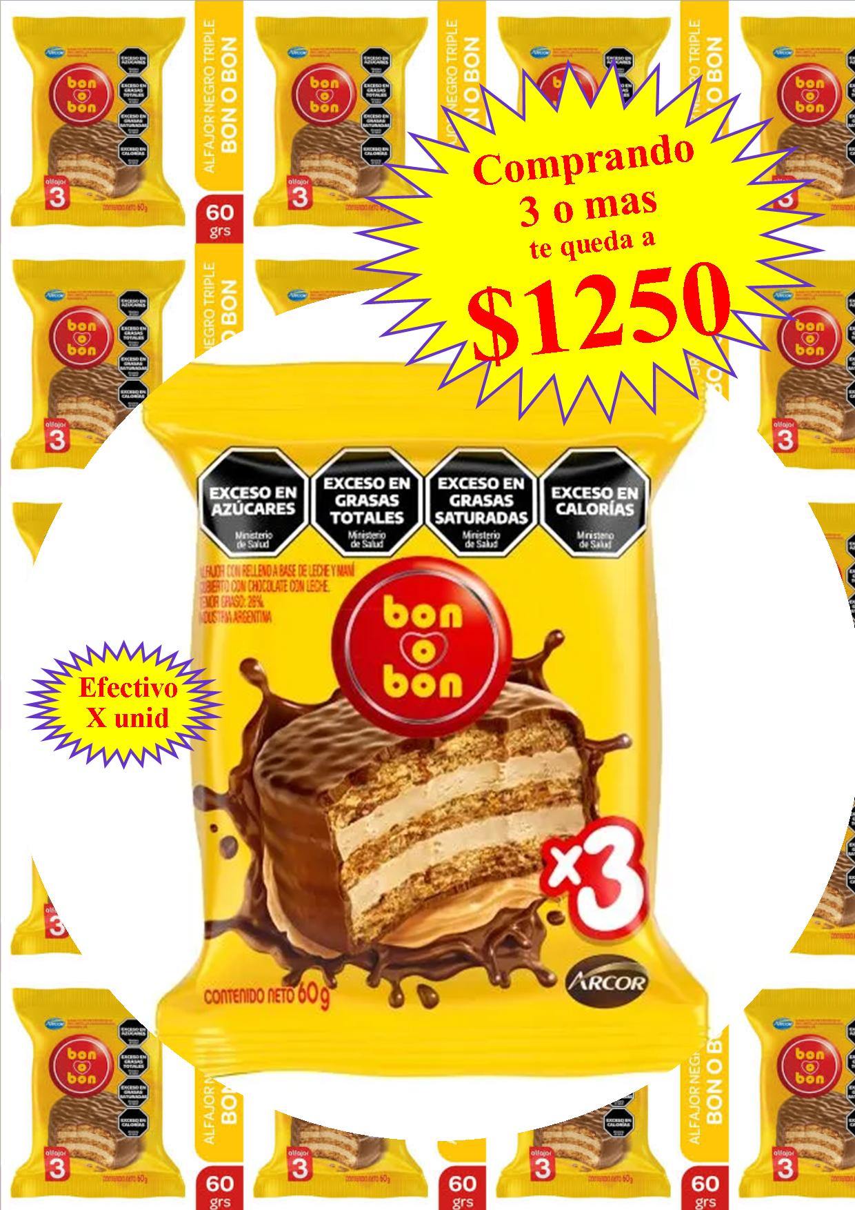 ALFAJOR BON O BON TRIPLE NEGRO (comprando 6 o más precio mayorista)